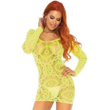 Mini abito in pizzo neon con maniche lunghe e trasparenze seducenti